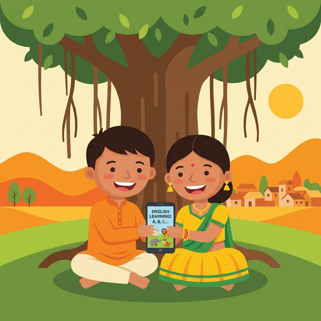 Children learning with Kiki English app under a tree